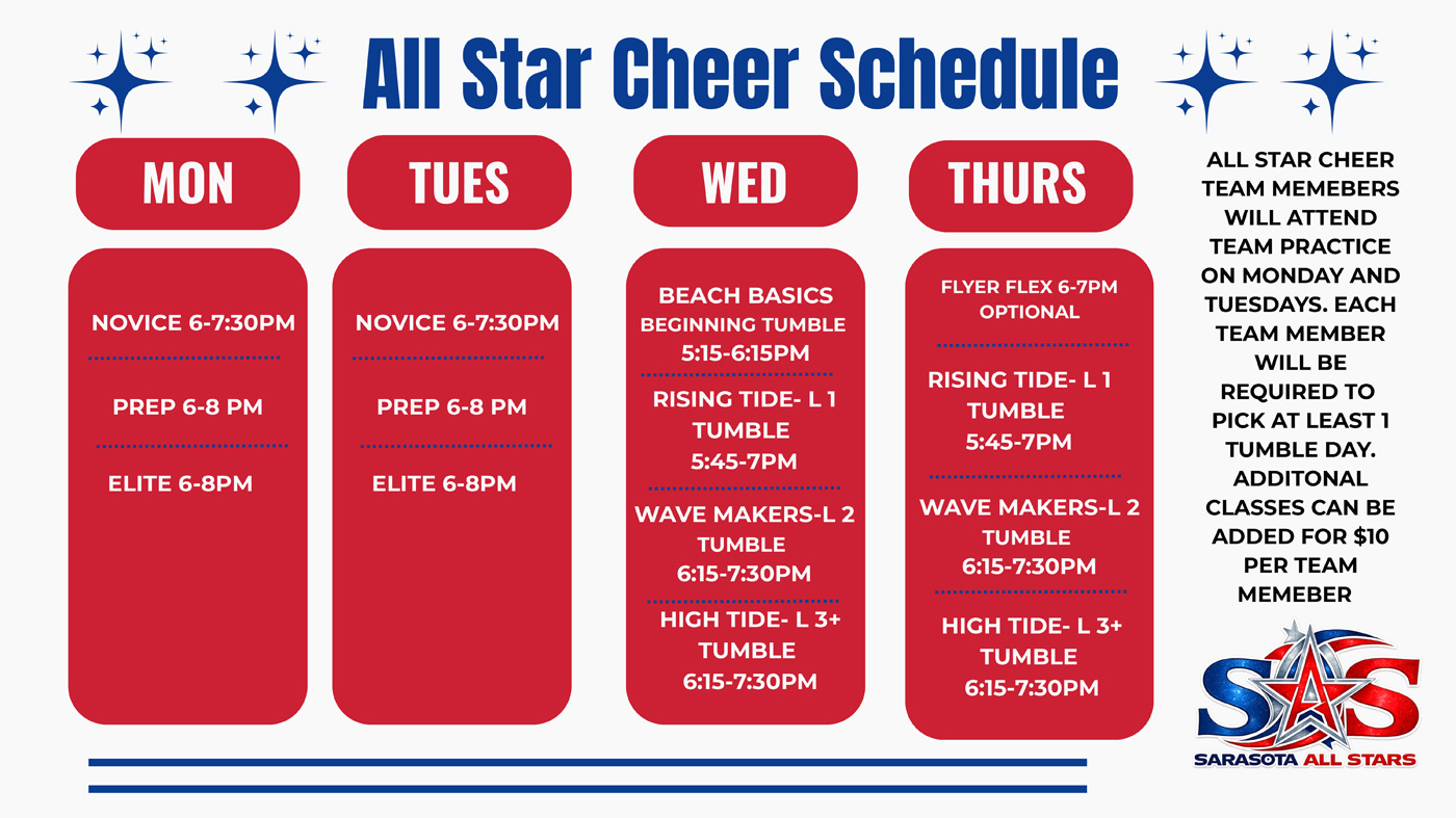Sarasota All Stars Summer Class Schedule including Lil Stars, All Stunt, Beginning Tumble, and various cheer classes arranged Monday through Friday