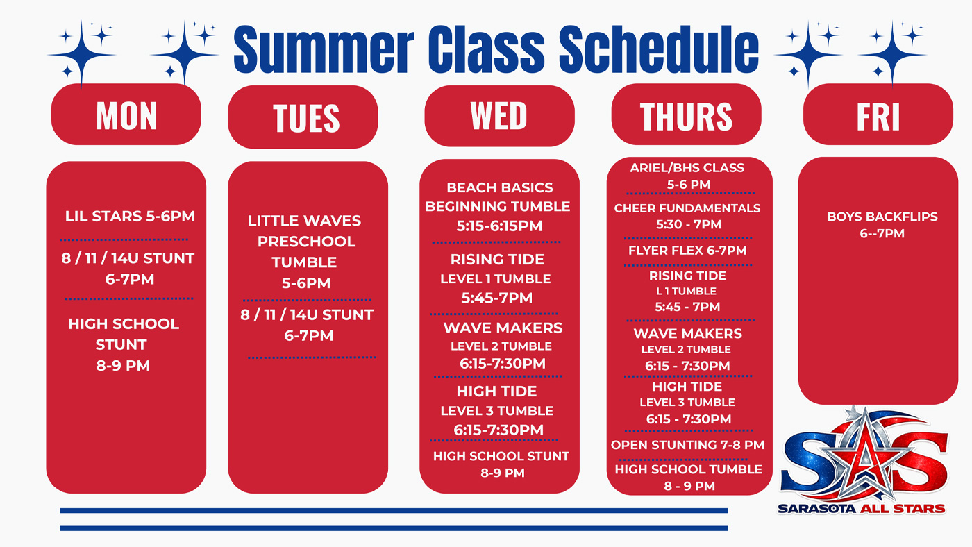 Sarasota All Stars Summer Class Schedule including Lil Stars, All Stunt, Beginning Tumble, and various cheer classes arranged Monday through Friday